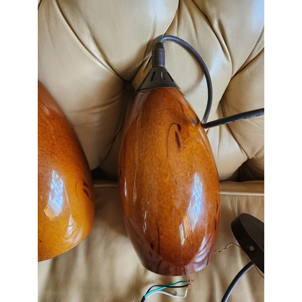 Set of 2 Amber Heavy Blown Glass Hanging Light‎ Retro Mod Lamp 12